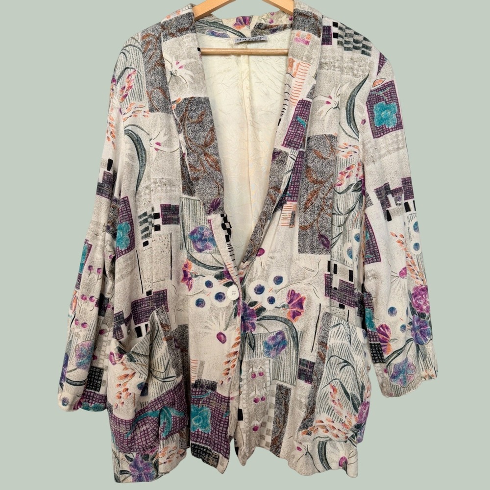 VTG 80s Kensington Square Abstract Floral Blazer Jacket Oversized XL 2XL Whimsy